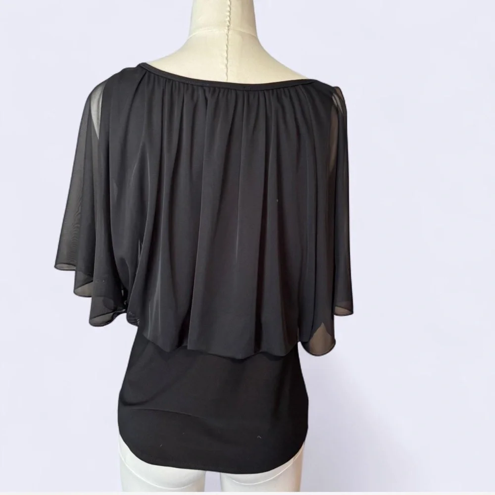 White House Black Market Black Relaxed Ruched Blouse with sheer flowey upper szM - Picture 4 of 7